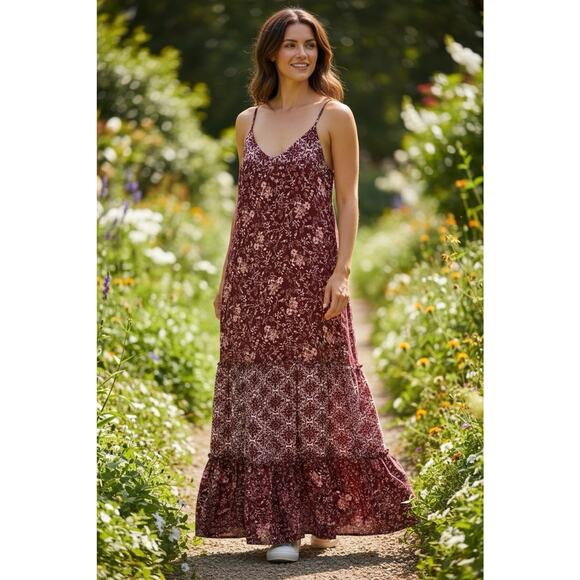 Knox Rose Dresses & Skirts - Knox Rose Maxi Dress Tiered Floral Print Mixed Print Strappy Burgundy XS Prairie